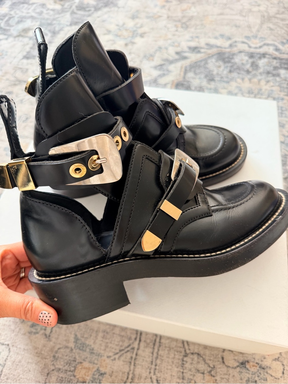 Balenciaga Ceinture Black Leather Buckle Combat Boots with Gold Hardware size 38 - Picture 3 of 5